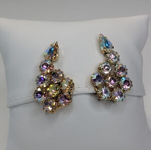West Germany Aurora Borealis Crystal Clip On Vintage Earrings